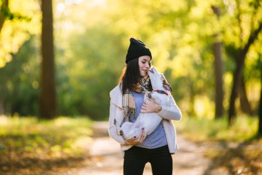 güzel kız bir köpekle oynamayı. Köpekle park üzerinde oynamak. Yakın çekim portre. Jack Russell Terrier