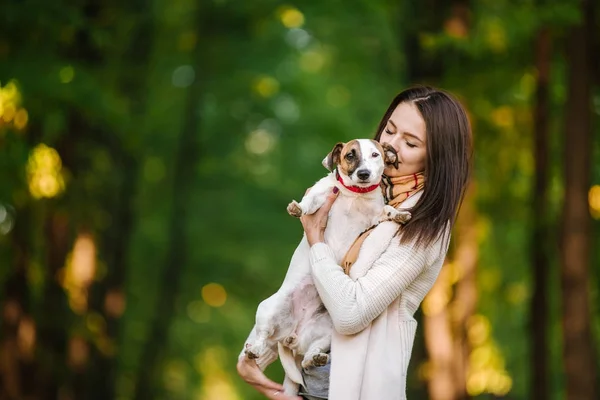 Beautiful girl playing with a dog. Playing with the dog on the park. Close-up portrait. Jack Russell Terrier — Stock Photo, Image
