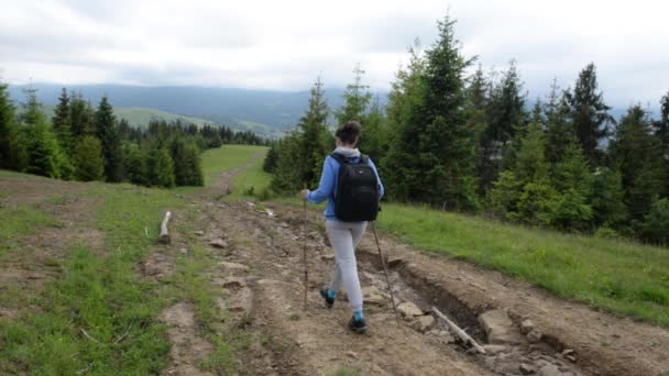 Mujer-excursionista desciende la pendiente verde contra un telón de fondo de montañas y el cielo azul — Vídeos de Stock