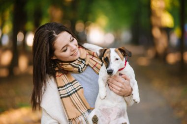 güzel kız bir köpekle oynamayı. Köpekle park üzerinde oynamak. Yakın çekim portre. Jack Russell Terrier