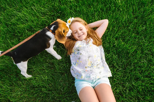 Nettes kleines Mädchen spielt mit ihrem Hund im grünen Park — Stockfoto