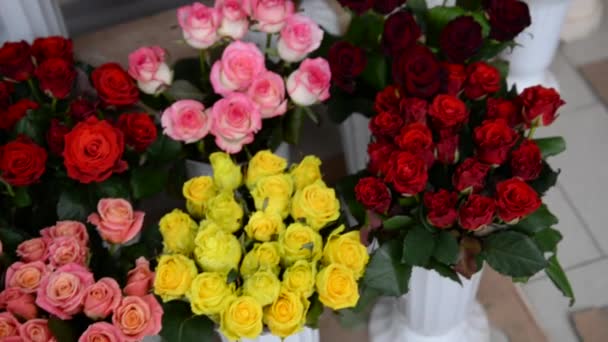 Flores y arreglos recién cortados en la tienda de la floristería, tiro de seguimiento — Vídeo de stock