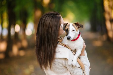 güzel kız bir köpekle oynamayı. Köpekle park üzerinde oynamak. Yakın çekim portre. Jack Russell Terrier