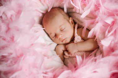 Şıklık eklemek için bir yumuşak kürk arka plan üzerinde uyku ve yumuşak odak pembe tüylerle kaplı yeni doğan bebek.