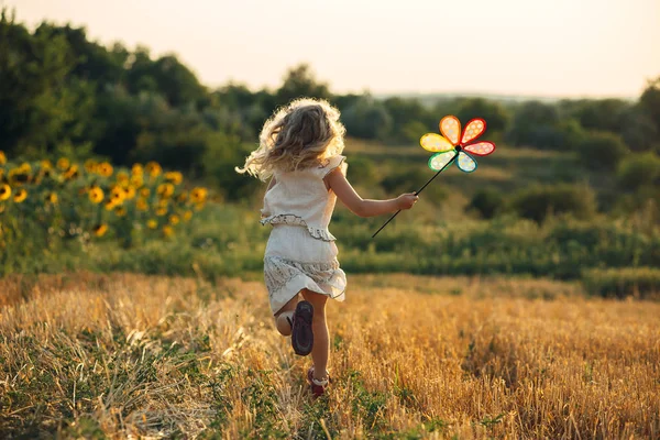Schattig klein meisje spelen op het gebied van de zomer van tarwe — Stockfoto