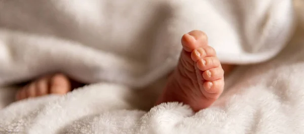 Piedi nudi di un bambino appena nato carino in calda coperta bianca. Piccoli piedi nudi di una bambina o di un ragazzo. Dormire bambino appena nato . — Foto Stock