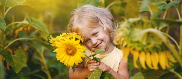 Mooie meisje in zonnebloemen — Stockfoto