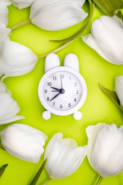 Reloj despertador blanco y delicados tulipanes blancos sobre fondo amarillo. Vista desde arriba. Un tiempo de amor y felicitaciones . —  Fotos de Stock