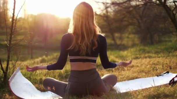 Gadis ramping melakukan yoga di taman saat matahari terbenam. Perawatan kesehatan luar ruangan. Lihat dari belakang — Stok Video