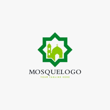 Cami logosu tasarım vektörü. İslami yapı çizimi. Dua işareti vektörü için evdeyiz. Yeşil renk tasarımı.