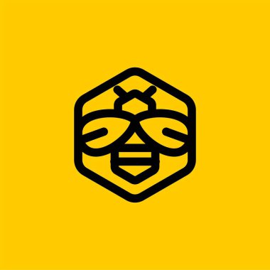 Altıgen çizgi logo dizayn vektöründeki arı. Arı balı illüstrasyon işareti. Arı evi altıgen logo tasarımı. Sarı arı çizgisi logo vektörü.
