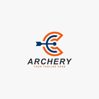 C harfi ve yay tasarım vektörü. Ana hat logo tasarımı. Okçuluk spor logosu tasarımı.