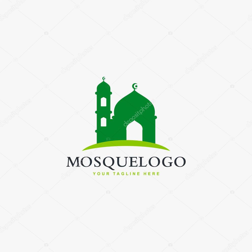 Mosque logo design vector. Islamic building illustration. Home for pray sign vector. Green color design.