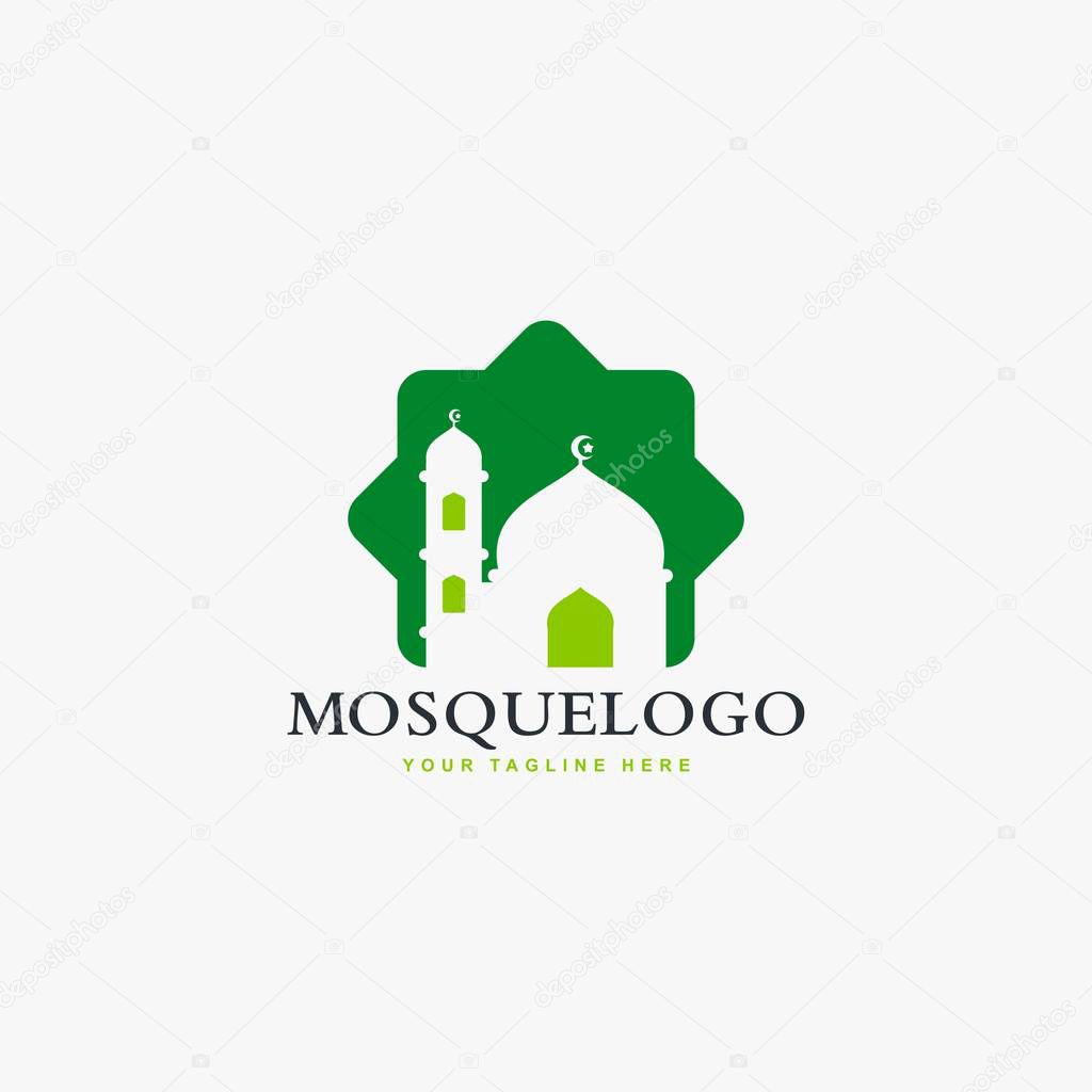 Mosque logo design vector. Islamic building illustration. Home for pray sign vector. Green color design.