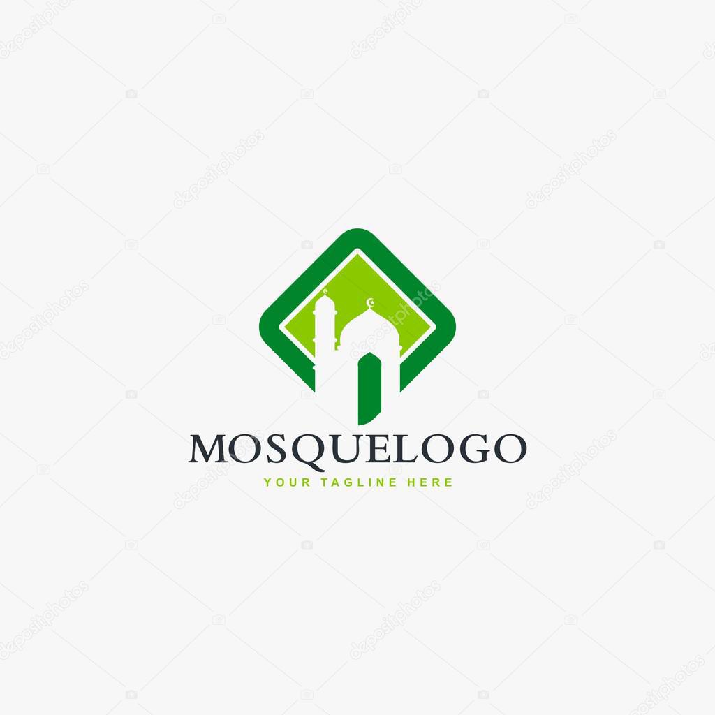 Mosque logo design vector. Islamic building illustration. Home for pray sign vector. Green color design.