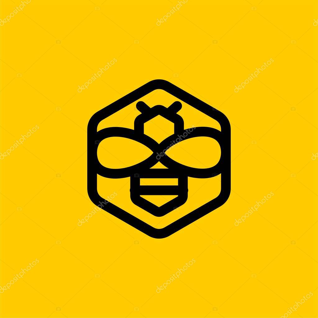 Bee in the hexagon line logo design vector. Bee honey illustration sign. Bee home hexagon logo design. Yellow bee outline logo vector.