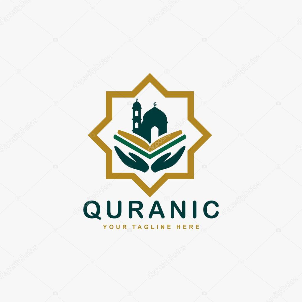 Quran logo design vector. Book of Islam Muslim illustration logo. Arabic sign vector.