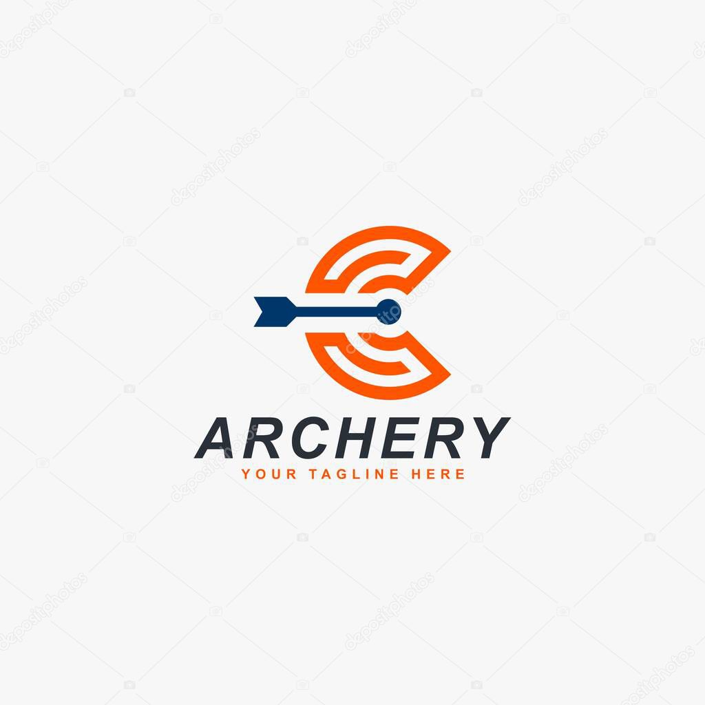 Letter C and bow logo design vector. Outline logo design. Archery sports logo design.