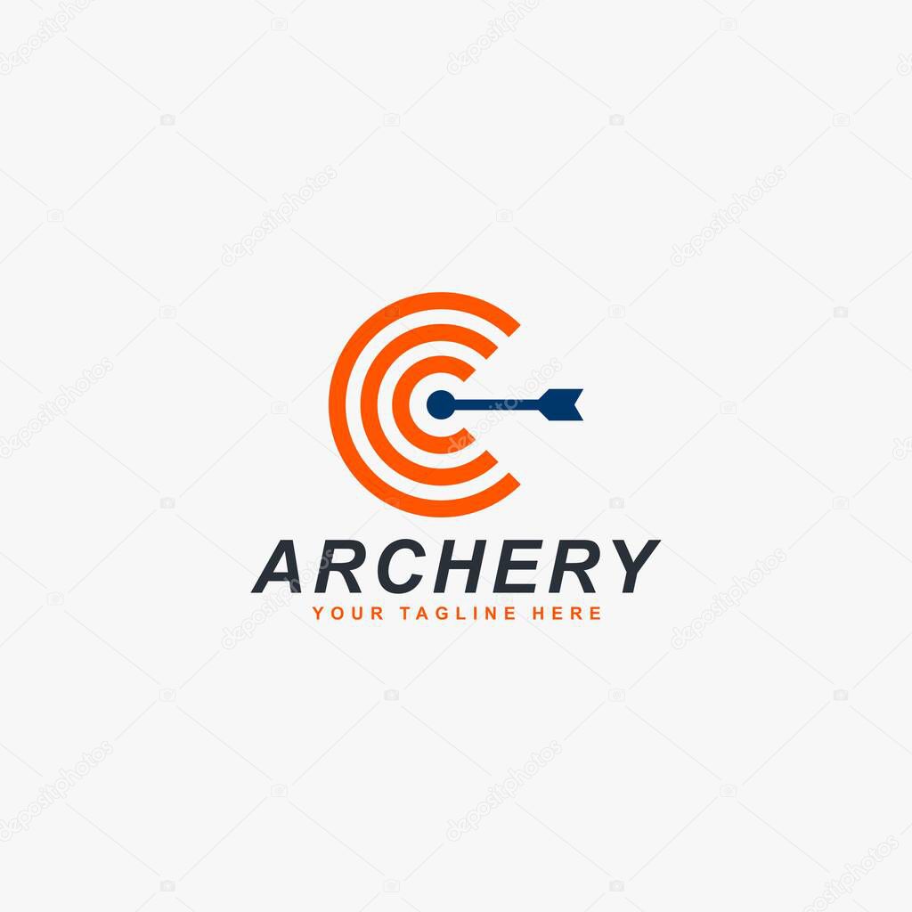 Letter C and bow logo design vector. Outline logo design. Archery sports logo design.