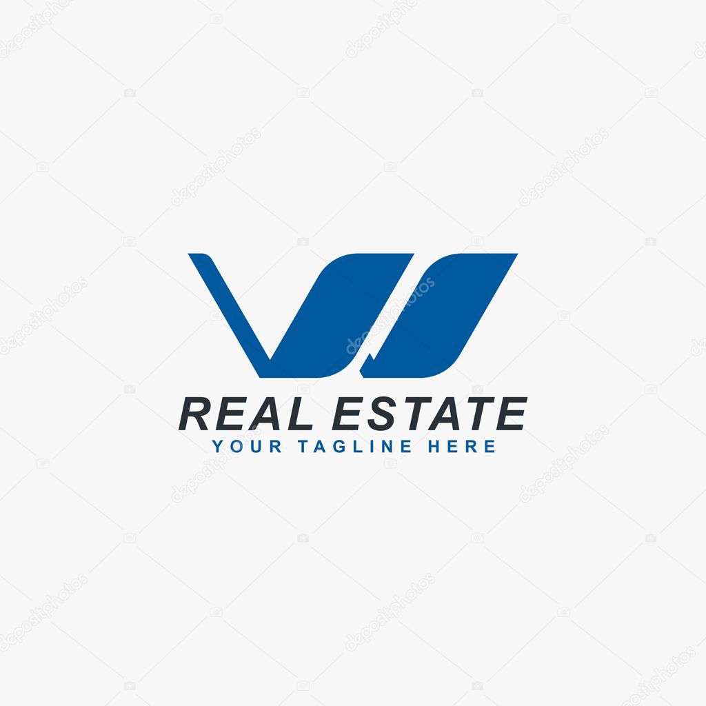 Real estate logo design vector. Blue home logo design. Letter W and house abstract logo design.