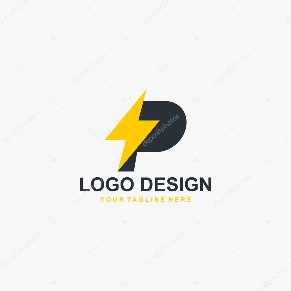 Electric power logo design vector. Yellow thunder abstract sign. Letter P bolt logo design.