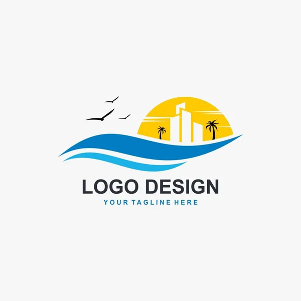 Plaj vektör logosu tasarımı. Gün batımı gün doğumu illüstrasyon işareti vektörü.