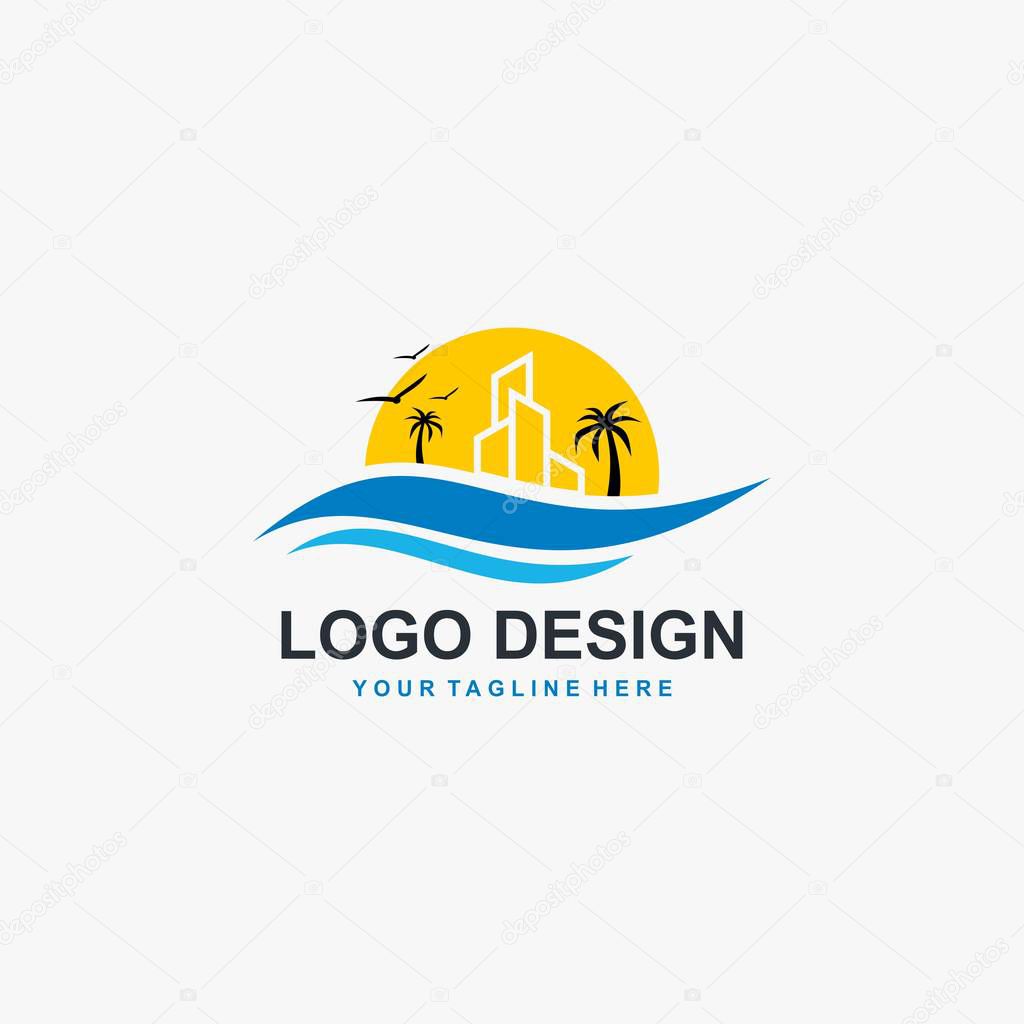 Beach vector logo design. Sunset sunrise illustration sign vector.
