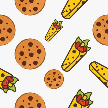 Fast food tasarım vektörü. Donut, kebap, peynir, kurabiye, sosisli sandviç, hamburger çizimi. Düz tasarım.