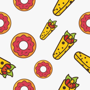 Fast food tasarım vektörü. Donut, kebap, peynir, kurabiye, sosisli sandviç, hamburger çizimi. Düz tasarım.