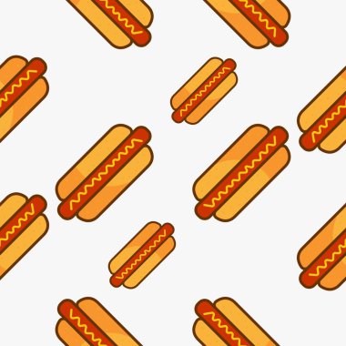 Fast food tasarım vektörü. Donut, kebap, peynir, kurabiye, sosisli sandviç, hamburger çizimi. Düz tasarım.