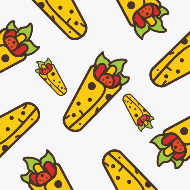 Fast food tasarım vektörü. Donut, kebap, peynir, kurabiye, sosisli sandviç, hamburger çizimi. Düz tasarım.