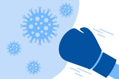 Elleri boks eldivenleriyle koronavirüse çarpıyor. Coronavirus 'un yayılmasına karşı - illüstrasyon vektörü.