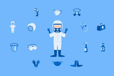 Bir doktor ya da tıbbi personel için tehlikeli madde giysisi işi. Örneğin n95 maske, tıbbi eldivenler, steteskop, dezenfektan spreyi, gözlük maskesi, kızılötesi termometre - illüstrasyon vektörü.