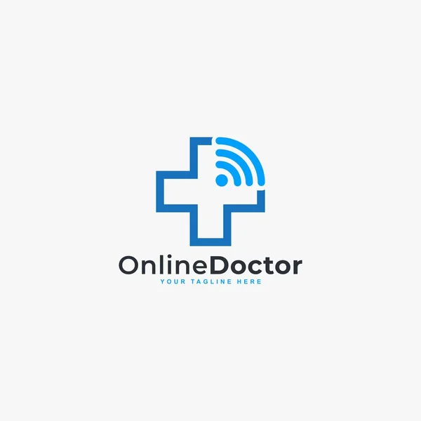 Doktor çevrimiçi sanal servis logosu tasarım vektörü. Uzaktan dijital illüstrasyon sembolüyle doktorlara danışmanlık. Teletıp servis vektör logosu.