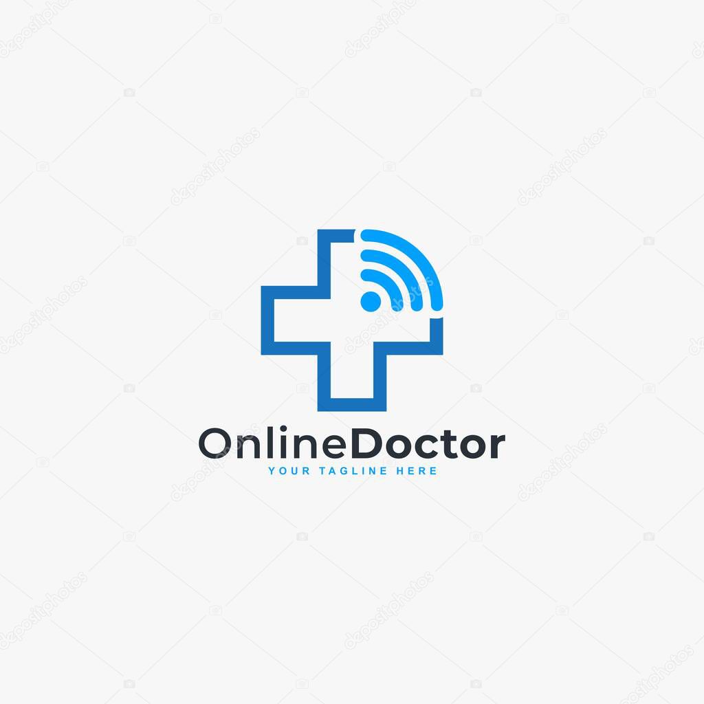 Doctor online virtual services logo design vector. Consultation to doctors via digital remote illustration symbol. Telemedicine service vector logo.
