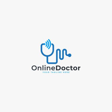 Doktor çevrimiçi sanal servis logosu tasarım vektörü. Uzaktan dijital illüstrasyon sembolüyle doktorlara danışmanlık. Teletıp servis vektör logosu. Stetoskop ve sinyal vektör simgeleri.