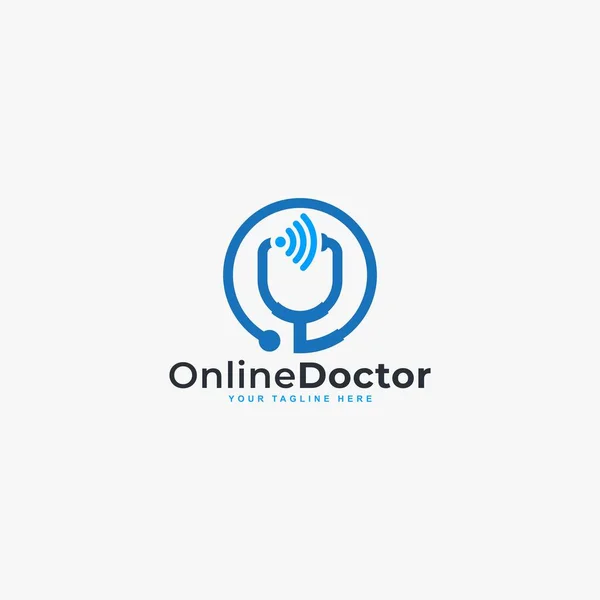 Doktor çevrimiçi sanal servis logosu tasarım vektörü. Uzaktan dijital illüstrasyon sembolüyle doktorlara danışmanlık. Teletıp servis vektör logosu. Stetoskop ve sinyal vektör simgeleri.