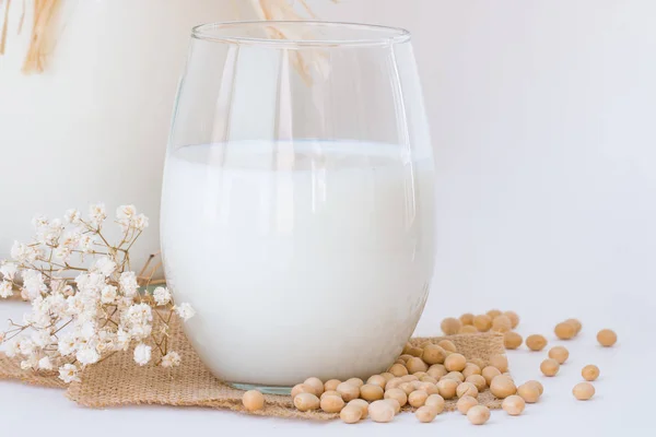 Sójové mléko ve sklenici a džbán s raw sóji semena na whi — Stock fotografie