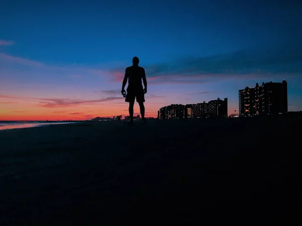 Silhouet Man Standinding Het Strand Met Zonsondergang Achtergrond Puerto Penasco — Stockfoto