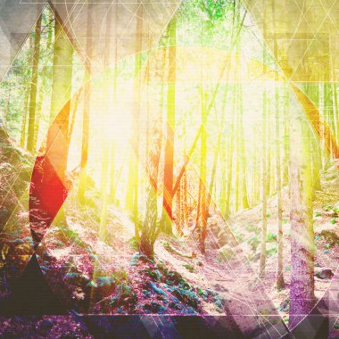 Peri masalı Retro tarzı ormanda. Dokulu kağıt Vintage. Geometrik çizgi, doğa arka plan ile sınırındaki dağ manzarası