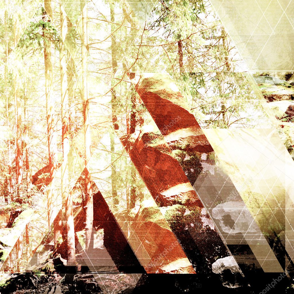 Fairy Tale Forest in Retro Style. Paper Vintage Textured. Mountain Landscape in Border with Geometric Line, Nature background