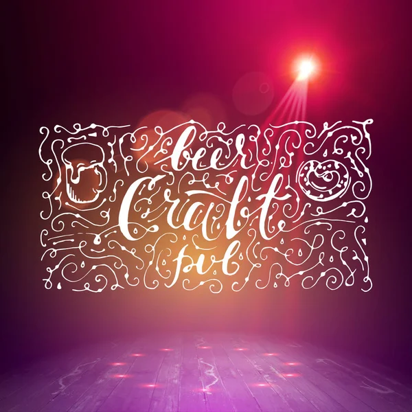 Show background. Beer Craft Pub Brush Script Style Hand lettering. Smoky vector stage interior shining with light from a projector — Stock Vector