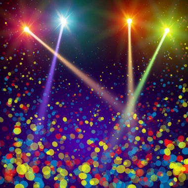 Özel ışık efektleri. Gerçekçi vektör parlak projektörler sahne aydınlatma ekose zemin üzerinde izole için. Renkli sahne ışıkları arka plan. Arka plan gösteri karnaval. Stüdyo zemin konfeti ile