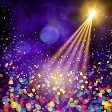 Özel ışık efektleri. Gerçekçi vektör parlak projektörler sahne aydınlatma ekose zemin üzerinde izole için. Renkli sahne ışıkları arka plan. Arka plan gösteri karnaval. Stüdyo zemin konfeti ile