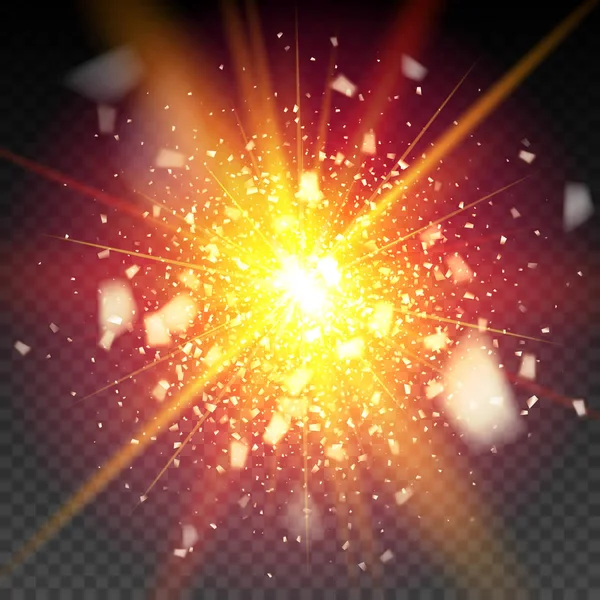 Fogos de artifício dourados brilham partículas no fundo. A poeira estelar acende a explosão sobre um fundo preto. ilustração vetorial 3D, de vetor realista, EPS 10 — Vetor de Stock