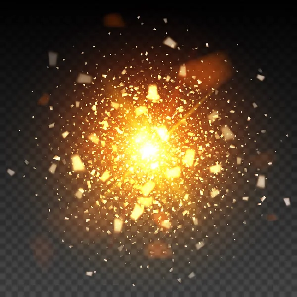 Partículas doradas de brillo de fuegos artificiales en el fondo. Stardust encendió la explosión sobre un fondo negro. ilustración vectorial 3D, de vector realista, EPS 10 — Archivo Imágenes Vectoriales