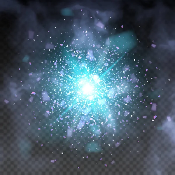 Blå glitter partiklar bakgrund effekt. Ljuseffekt i en explosion på en svart bakgrund. Vektor illustration 3d, av realistisk vektor, Eps 10 — Stock vektor