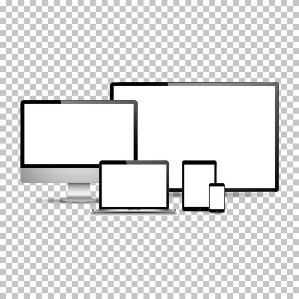現実的なコンピュータモニタ、ラップトップ、タブレット、携帯電話のセット。白い背景に隔離された電子ガジェット — ストックベクタ