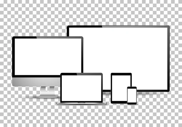 Gerçekçi bilgisayar monitörleri, dizüstü bilgisayarlar, tabletler ve cep telefonları. Elektronik aygıtlar beyaz arkaplanda izole edildi