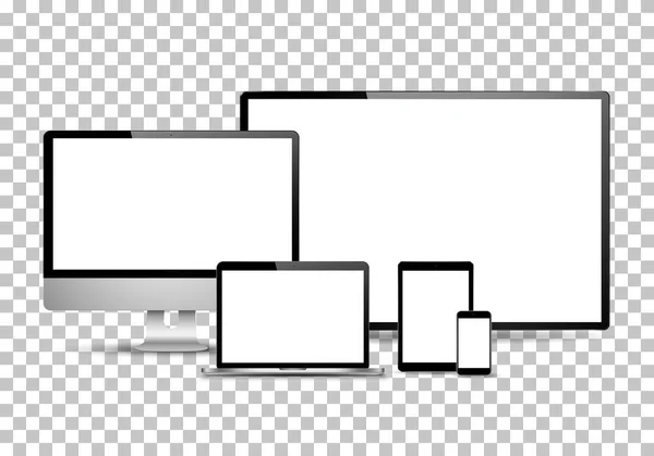현실적 인 컴퓨터 모니터, 노트북, 태블릿, 휴대 전화 세트. 전자 제품들은 흰색 배경에서 분리 된다 — 스톡 벡터